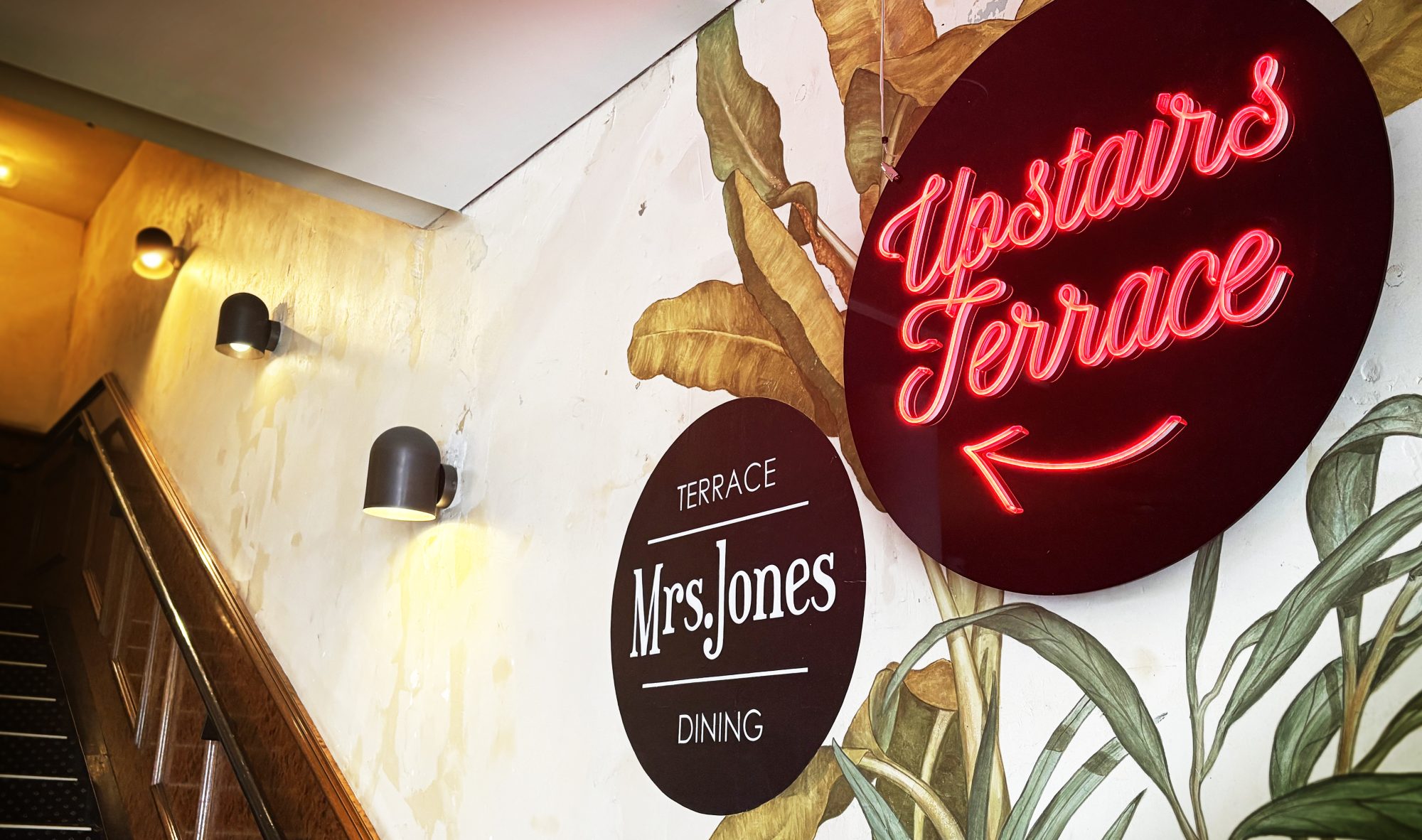 Mrs Jones neon terrace sign at the stairway